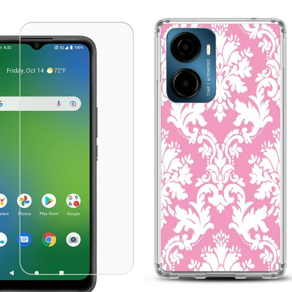 For AT&T Propel 2 5G Phone Case Cover, Shockproof Bumper Hybrid Case with Tempered Glass Screen Protector, by OneToughShield - Victorian White/Pink