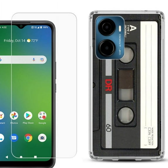 For AT&T Propel 2 5G Phone Case Cover, Shockproof Bumper Hybrid Case with Tempered Glass Screen Protector, by OneToughShield - Vintage Cassette