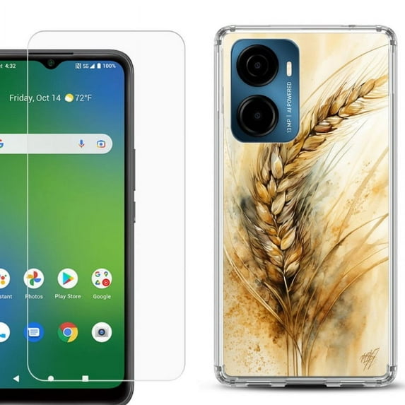 For AT&T Propel 2 5G Phone Case Cover, Shockproof Bumper Hybrid Case with Tempered Glass Screen Protector, by OneToughShield - Wheat Painting