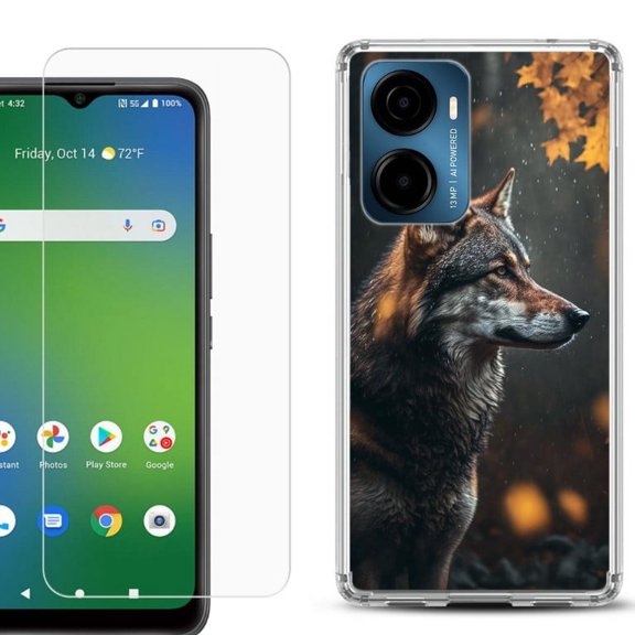 For AT&T Propel 2 5G Phone Case Cover, Shockproof Bumper Hybrid Case with Tempered Glass Screen Protector, by OneToughShield - Wolf Autumn