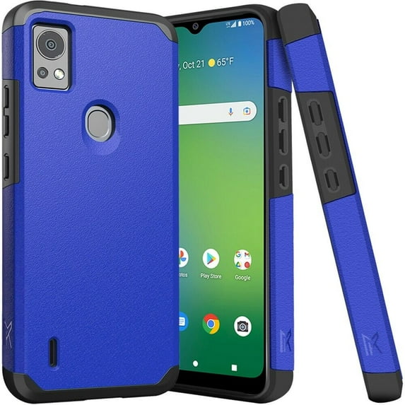 For AT&T SL112A 6782D / Cricket SL112C Slim Shockproof Hybrid Cover Cell Phone Case + Tempered Glass - MK Blue
