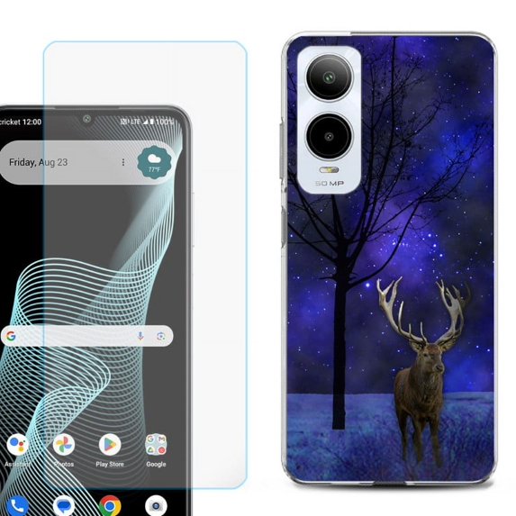 For AT&T Verge Shockproof Phone Case Cover with Tempered Glass Screen Protector, by OneToughShield - Midnight Deer