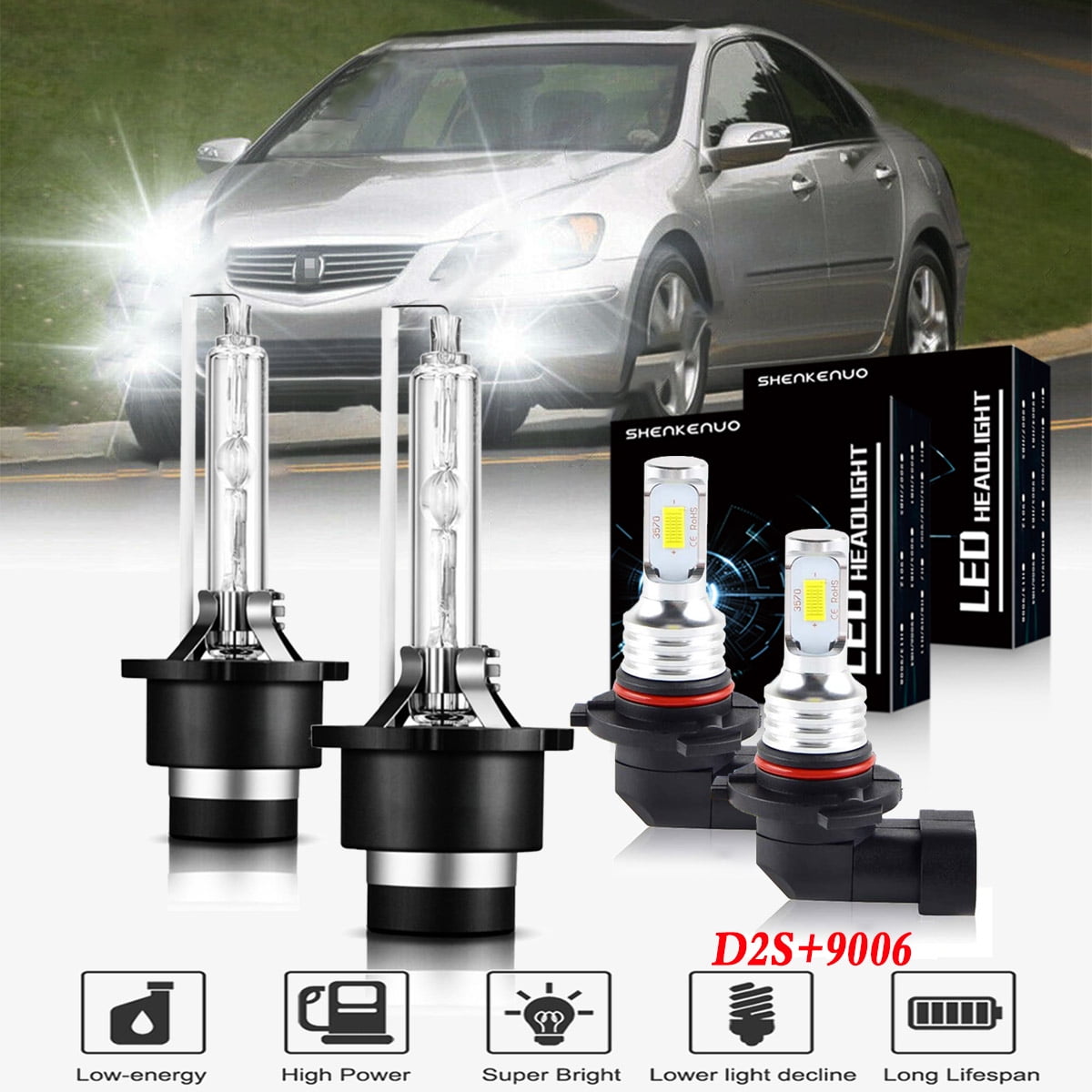 For Acura Tl 2004-06 HID Xenon Headlight Bulbs D2S HID Xenon High and Low Beam Bulbs+9006 Fog Light 4pc