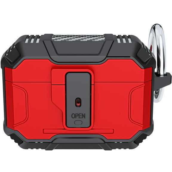 For AirPods Pro 3 2025 (3rd Version) Rugged ShockProof Hybrid With Open Button Metal Hook Case Cover - Red