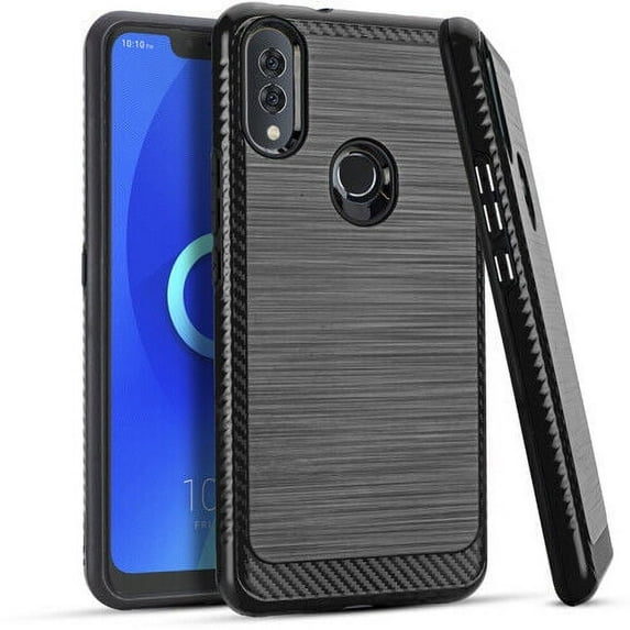 For Alcatel 3V A3V / TCL 5032W 2019 Slim Lining Brushed Hybrid Cell Phone Cover Case + Tempered Glass Screen Protector - Lining Black
