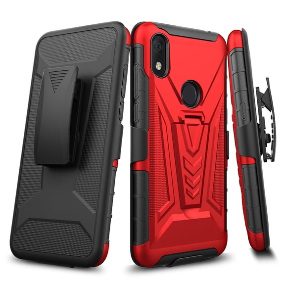 For Alcatel Lumos DALN5023 / Alcatel Axel 5004R Holster Kickstand Hybrid Cover Cell Phone Case + Tempered Glass - Holster Red