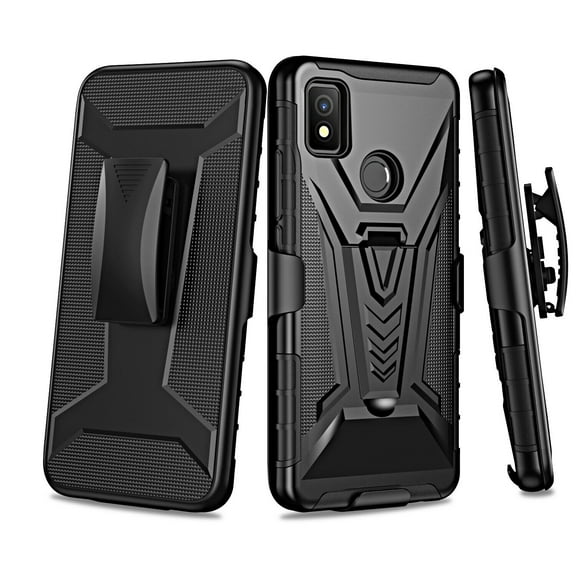 For Alcatel TCL A3 A509DL Case Holster Belt Clip Kickstand Design Phone Cover With Free Tempered Glass Screen Protector - Black