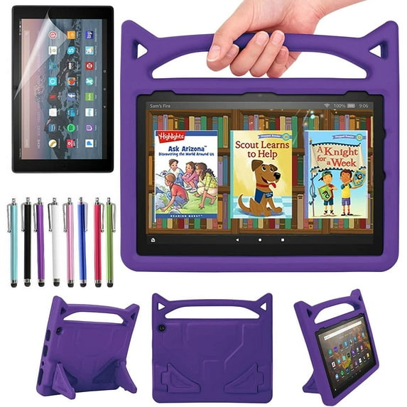 For Amazon Fire HD 10 / Fire HD 10 Plus (11th Generation, 2021 Released) Case with Screen Protector and Stylus, EpicGadget EVA Foam Lightweight Shockproof Handle Kickstand Kids Friendly Cover (Purple)