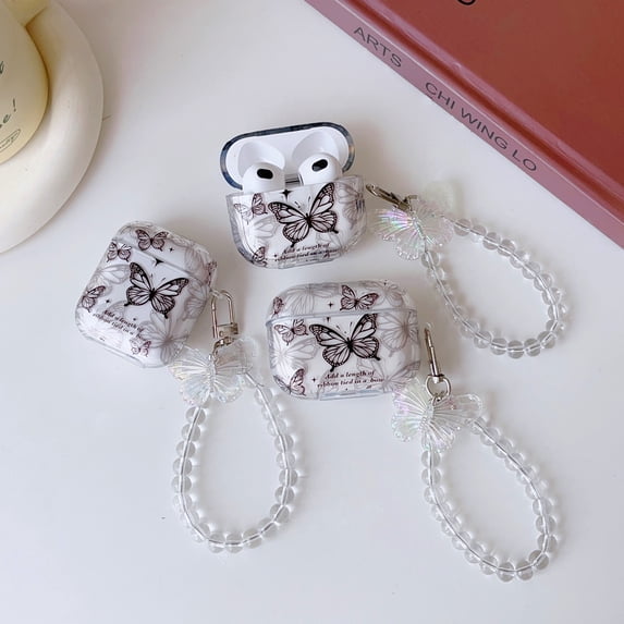 For Apple AirPods 1/2 Clear Case,Shockproof Transparent Black Butterfly Earphone Cover With Chain Patterned Case Cover With Ring Protective Shell
