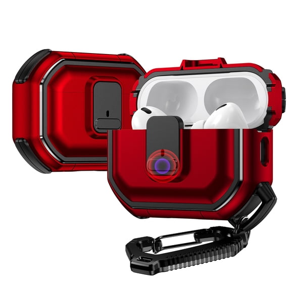 For Apple AirPods 2 & 1 Gen Heavy Duty Hybrid Snap Switch Button, Secure Lock Clip Protective with Carabiner Belt Loop Cover ,Xpm Phone Case [ Red ]