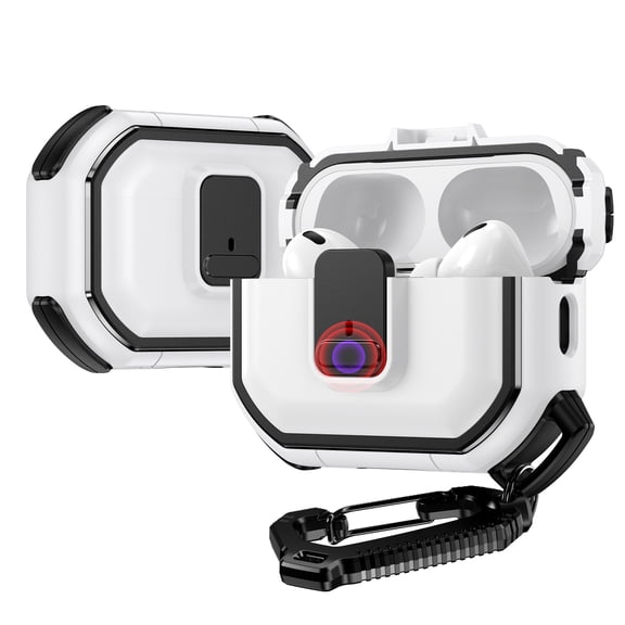 For Apple AirPods 3 (2021) Heavy Duty Hybrid Snap Switch Button, Secure Lock Clip Protective with Carabiner Belt Loop Cover ,Xpm Phone Case [ White ]