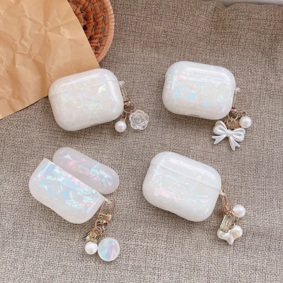 For Apple AirPods 4 3 Pro 1/2 Cute Glossy Glitter Case Cover+Pearl Shell Pendant