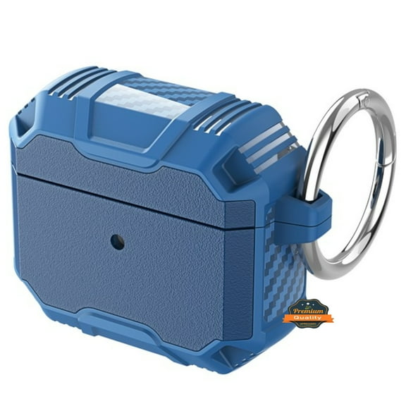 For Apple AirPods 4 Heavy Duty Protective Case with Carabiner Clip Carbon Fiber Shockproof Rugged Cover, Airpods Case fit Airpods 4 - Blue