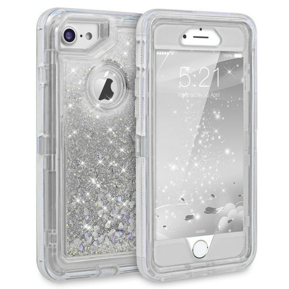 For Apple IPhone 8 / IPhone 7 Tough Defender Sparkling Liquid Glitter Heart Case With Transparent Holster Clip Silver
