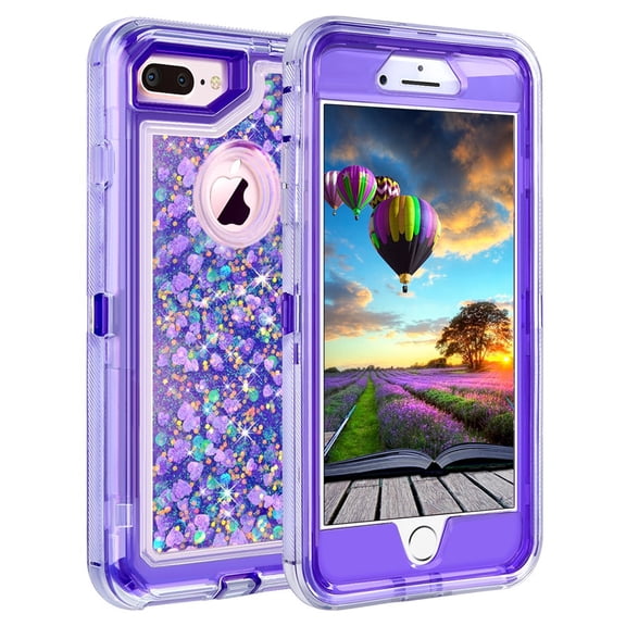 For Apple IPhone 8 Plus / IPhone 7 Plus Tough Defender Sparkling Liquid Glitter Heart Case With Transparent Holster Clip Purple