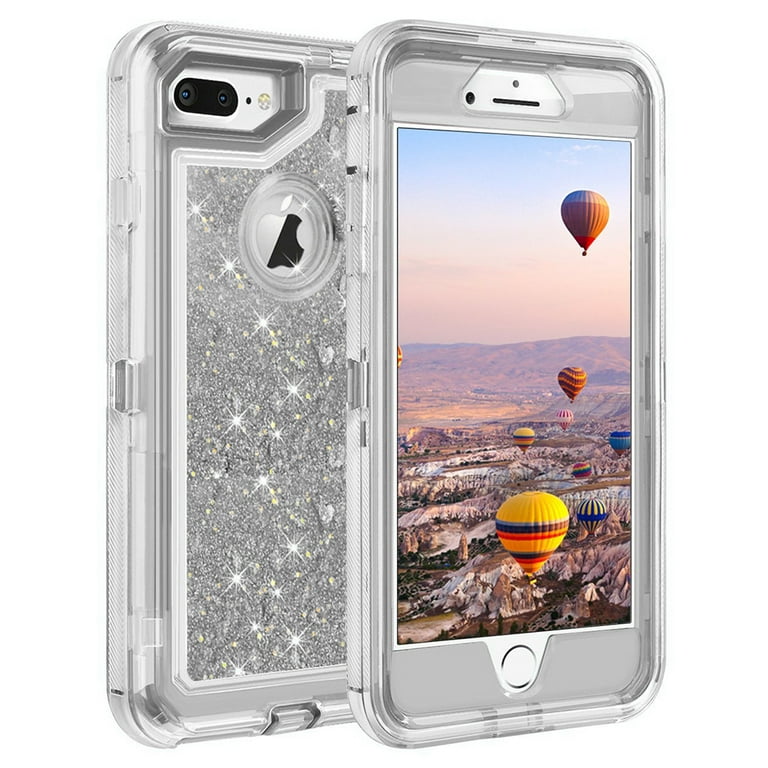 For Apple IPhone 8 Plus IPhone 7 Plus Tough Defender Sparkling Liquid Glitter Heart Case With Transparent Holster Clip Silver