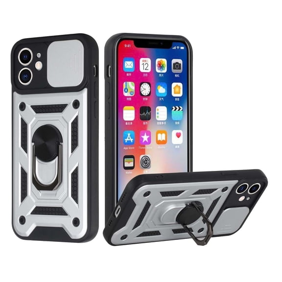 For Apple Iphone Xr Elite Camera Push Magnetic Ring Stand Hybrid Case Cover - Silver