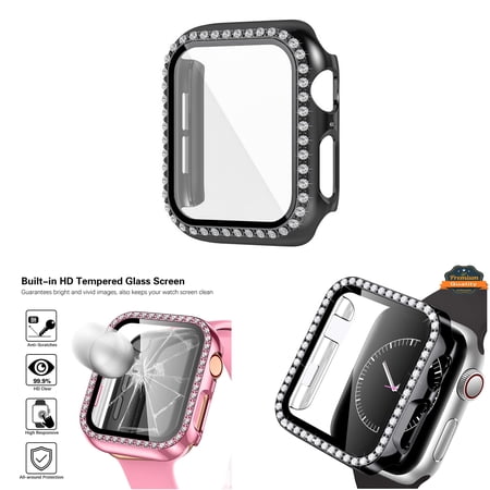 For Apple Watch 45mm iWatch Series 9 Bling Diamond Rhinestone Face Coverage with Tempered Glass Screen Protector Screen Cover by Xpression - Black