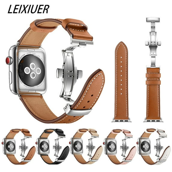 For Apple Watch Band Genuine Leather Strap Apple Watch 7 6 5 4 3 2 1 SE 45mm 41mm Butterfly Clasp Strap for iWatch 44mm 40mm 42mm 38mm