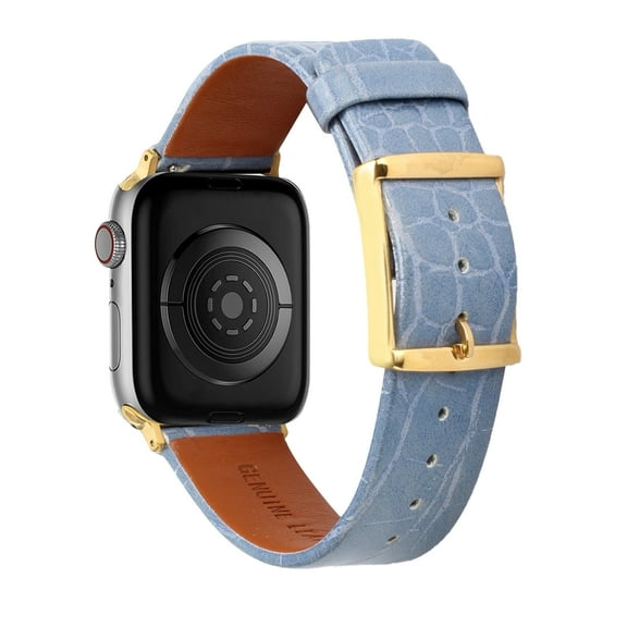For Apple Watch Size 42/44/45mm Genuine Leather Replacement Band Strap Hybrid Wristbands Design Gold Buckle for iWatch Series 7/SE/6/5/4/3/2/1 [Blue Animal Skin]