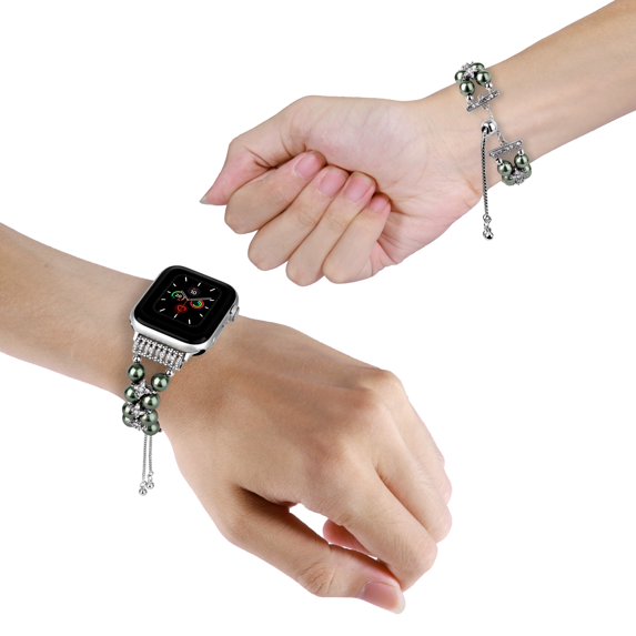For Apple Watch Size Ultra 49/42/44/45mm Pearls Strand Beautiful Metal Watchband - Olive Green