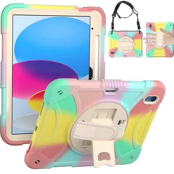 For Apple iPad (A16) 2025 / iPad 10th Gen 10.9 inch 3in1 Tablet Hand and Shoulder Strap with Kickstand 3in1 Tough Hybrid - Colorful