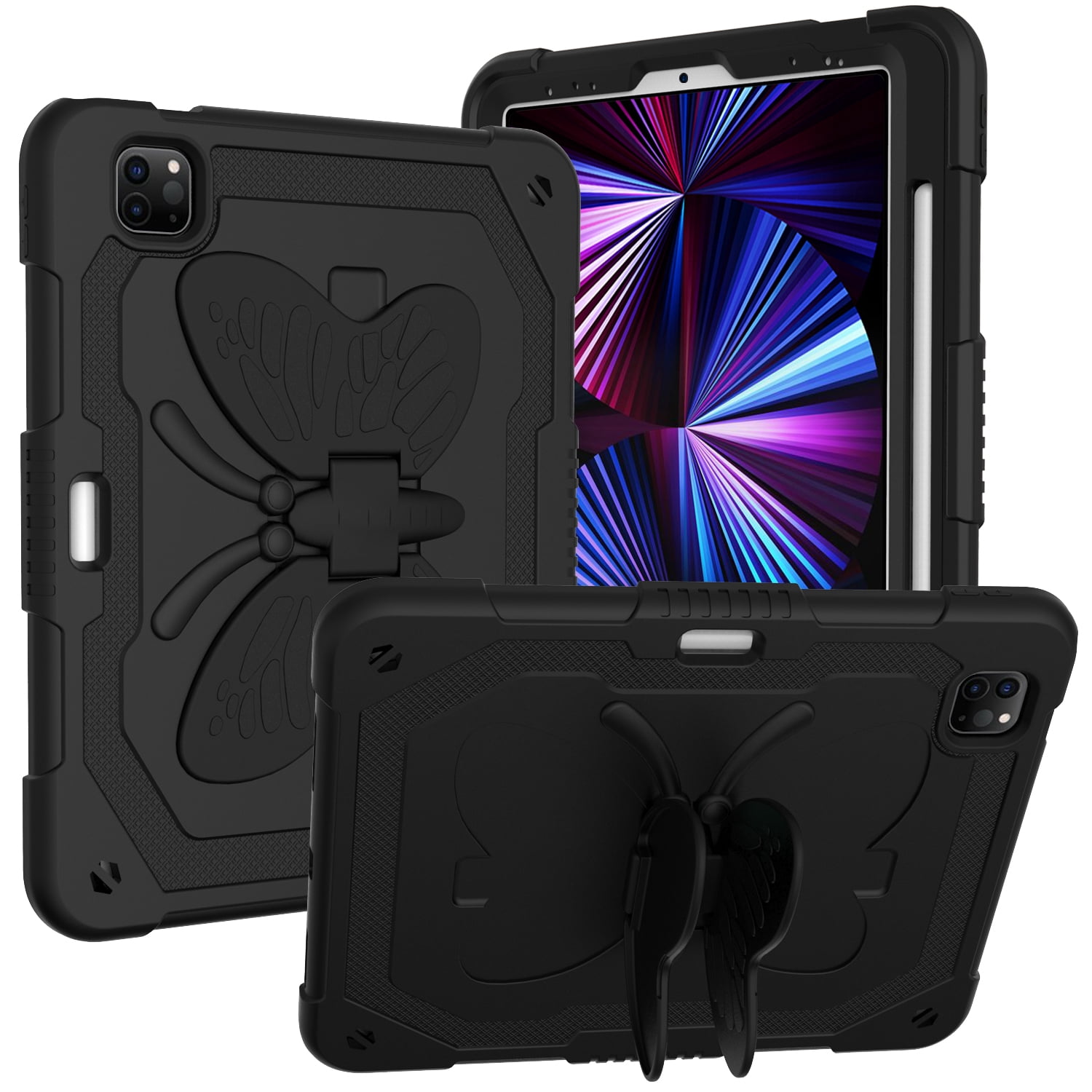 For Apple iPad 10th Gen 2022 Butterfly Wings Kickstand Tough Hybrid with Pencil Holder Heavy Duty Rugged Shockproof Cover ,Xpm Phone Case [ Black ]