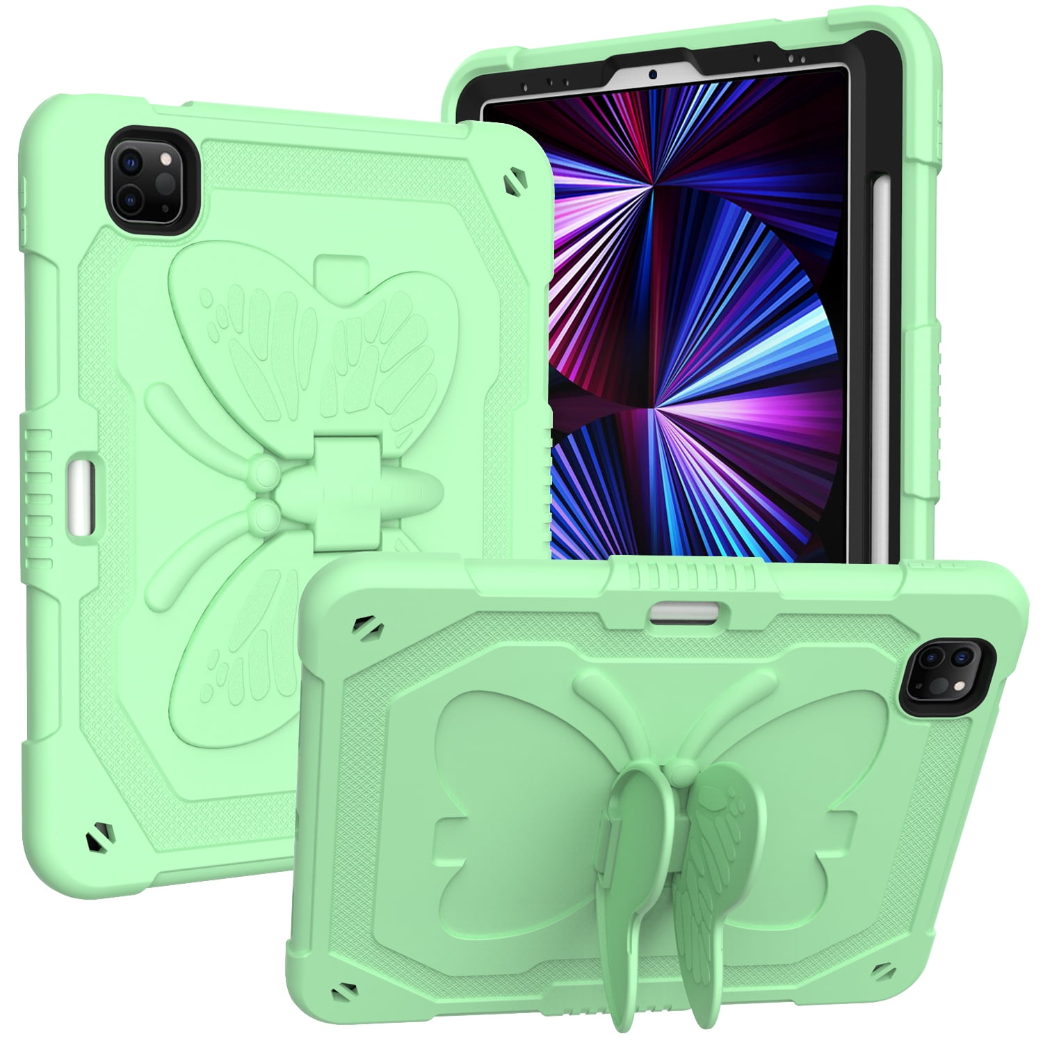For Apple iPad 10th Gen 2022 Butterfly Wings Kickstand Tough Hybrid with Pencil Holder Heavy Duty Rugged Shockproof Cover ,Xpm Phone Case [ Green ]
