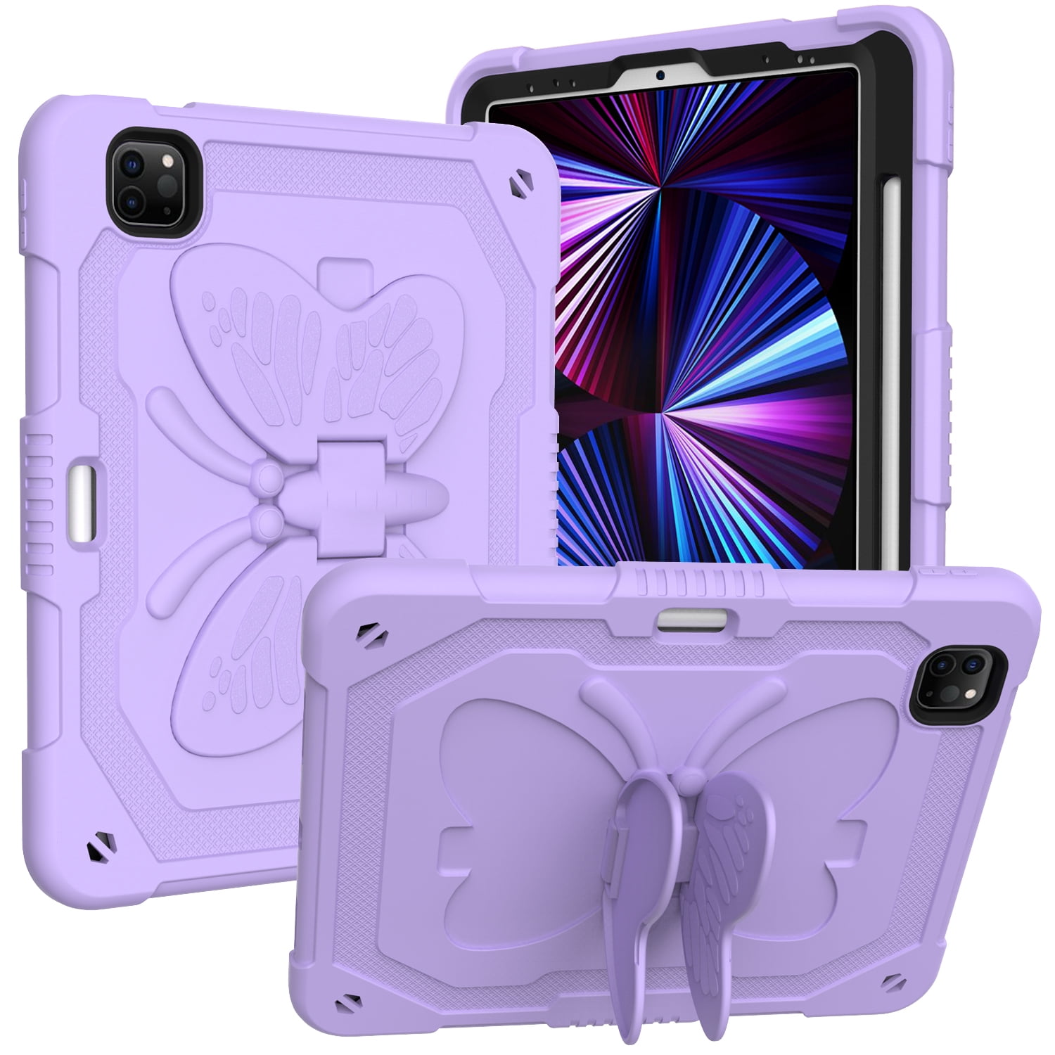 For Apple iPad 10th Gen 2022 Butterfly Wings Kickstand Tough Hybrid with Pencil Holder Heavy Duty Rugged Shockproof Cover ,Xpm Phone Case [ Purple ]