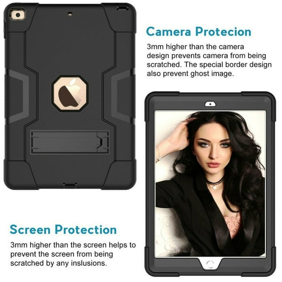 For Apple iPad 8th Generation 2020 10.2 inch / A2270 / A2430 / A2429 / A2428 Dual layer Shockproof Heavy Duty Kickstand Tablet Case Cover Black/Black
