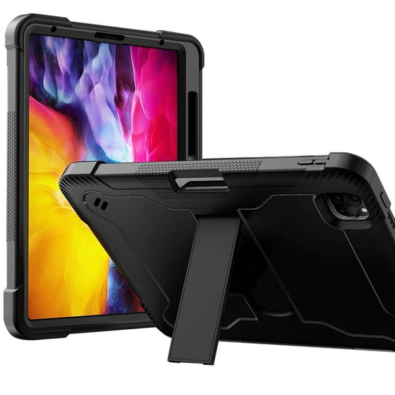 For Apple iPad Air 5th Generation 2022 10.9 inch / A2588 / A2589 / A2591 Dual Layer Protective Shockproof Kickstand with Pen Holder Heavy Duty Case Cover Black/Black