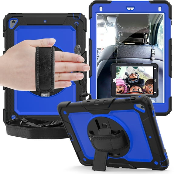 For Apple iPad Mini 4th / Mini 5th Generation Shockproof Protective 360 Rotating Stand W. Strap Case Cover - Black/Black