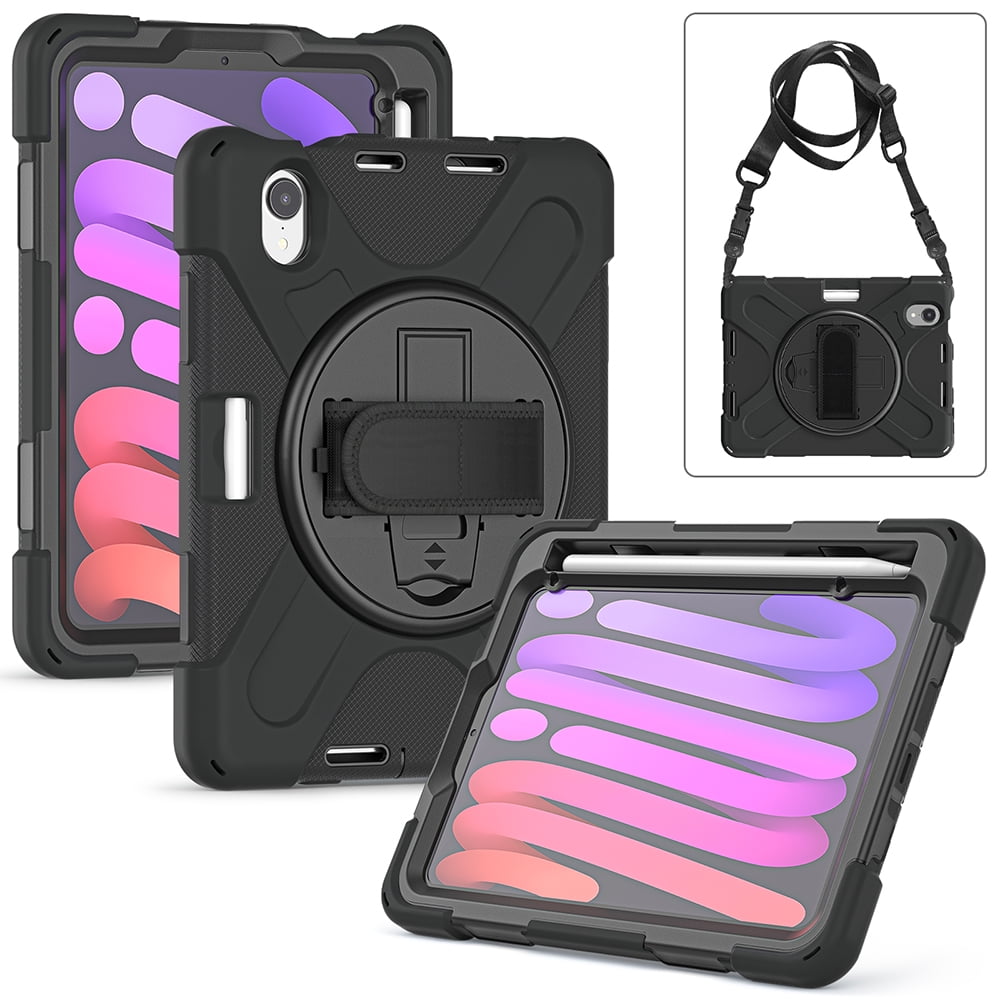For Apple iPad Mini 6 (2021) Heavy Duty Rugged Hybrid with Kickstand, Shoulder Hand Strap, Pencil Holder Shockproof Full Protective Cover ,Xpm Phone Case [Black]