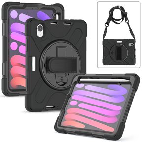 For Apple iPad Mini 6 (2021) Heavy Duty Rugged Hybrid with Kickstand, Shoulder Hand Strap, Pencil Holder Shockproof Full Protective Cover ,Xpm Phone Case [Black]