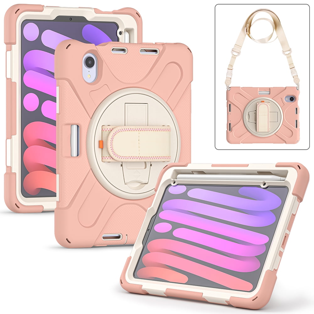 For Apple iPad Mini 6 (2021) Heavy Duty Rugged Hybrid with Kickstand, Shoulder Hand Strap, Pencil Holder Shockproof Full Protective Cover ,Xpm Phone Case [Pink]
