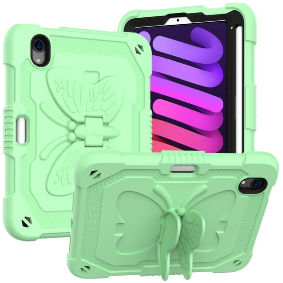 For Apple iPad Mini 6th Gen 8.3 inch (2021) Butterfly Kickstand 3in1 Tough Hybrid Case Cover with Shoulder Strap - Light Green