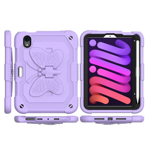 For Apple iPad Mini 6th Gen 8.3 inch (2021) Butterfly Kickstand 3in1 Tough Hybrid Case Cover with Shoulder Strap - Light Purple