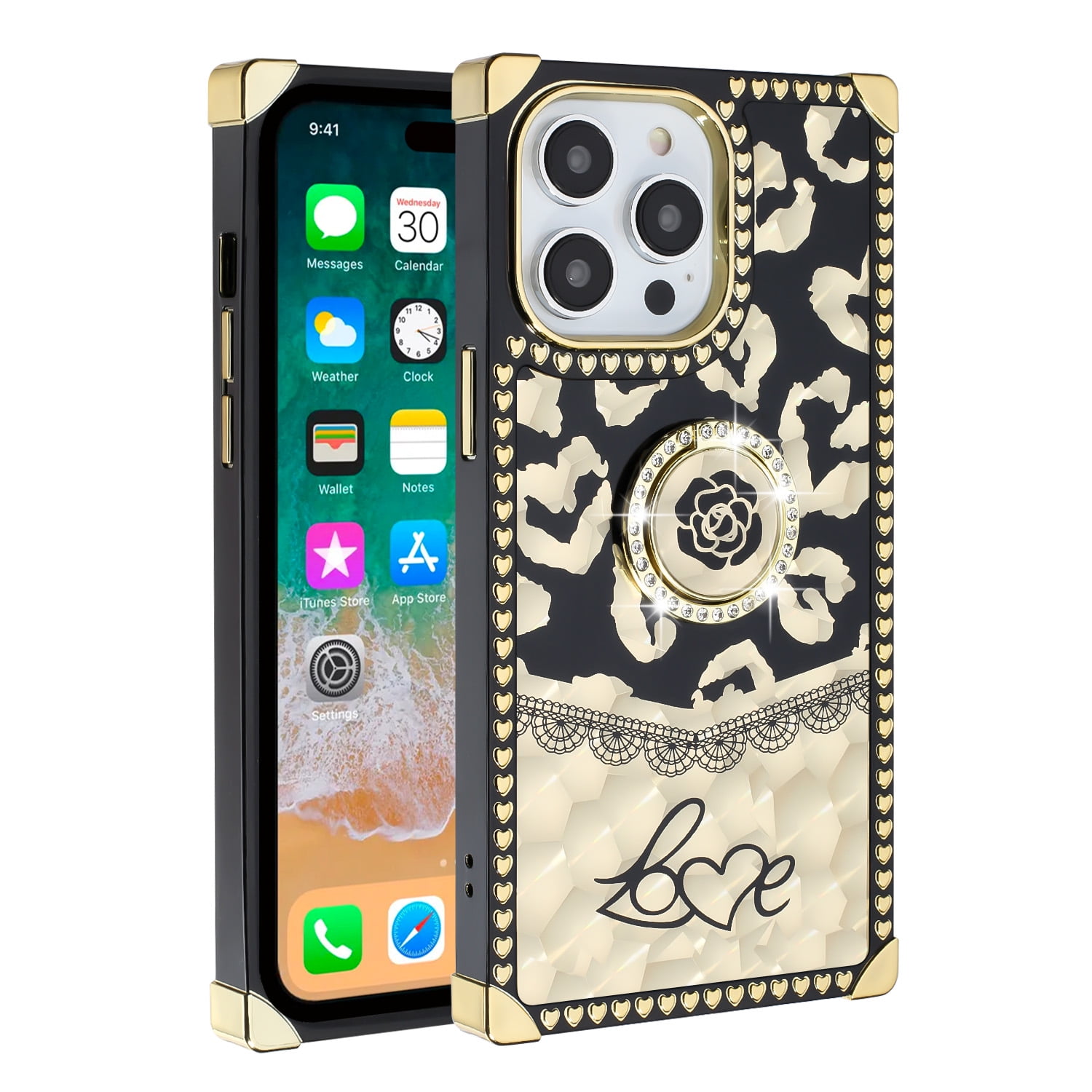 Designer Square Case Compatible with iPhone 11 for Women, Luxury Aesthetic  Classic Pattern Leather Back Cover Soft Frame Metal nameplate Cute Shiny