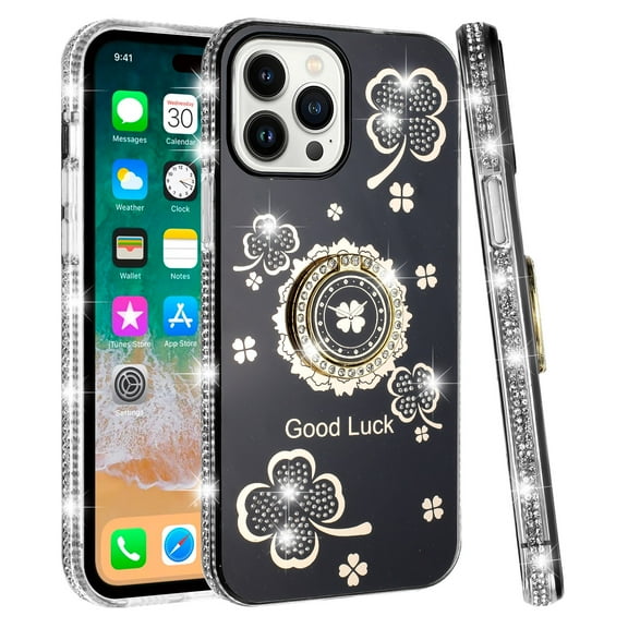 For Apple iPhone 11 (6.1") Diamonds Bling All Around Edges Sparkly Glitter Hybrid with Ring Stand Holder Fashion Good Luck Cover ,Xpm Phone Case [ Black ]