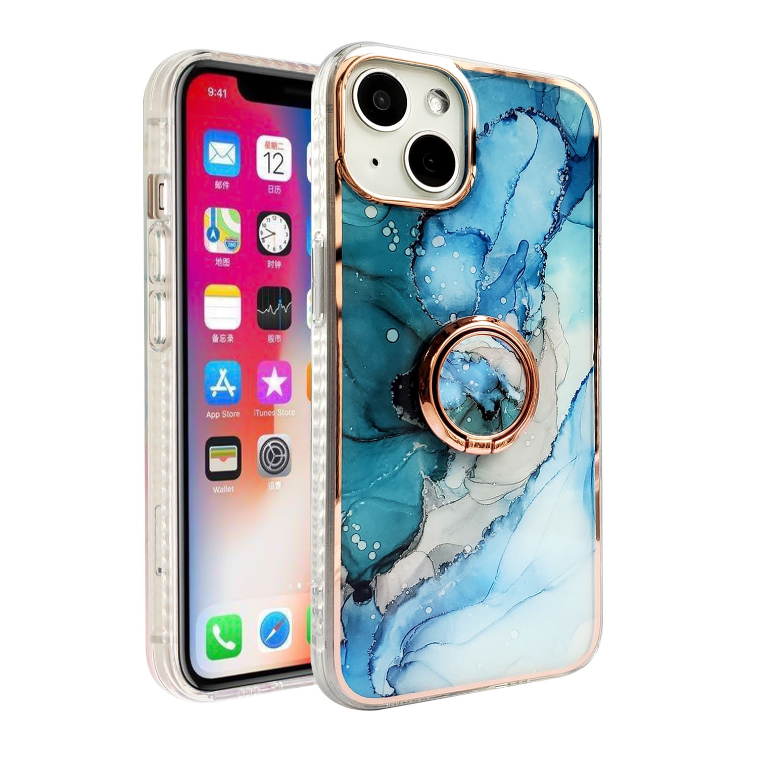 For Apple iPhone 11 (6.1) Pattern Fashion Design Chromed Edge IMD with  Ring Kickstand Hybrid TPU Hard Back Case Cover fit iPhone 11 - Blue Marble  