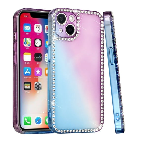 For Apple iPhone 11 (6.1") Two Tone Gradient All Around Diamond Rhinestone Hybrid TPU Shiny Bling Frame Cover ,Xpm Phone Case [ Light Blue ]