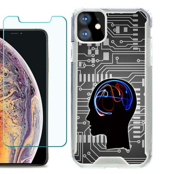 For Apple iPhone 11 Case, Hybrid Bumper Phone Case, with Tempered Glass Screen Protector, by OneToughShield ® - Electric Brain