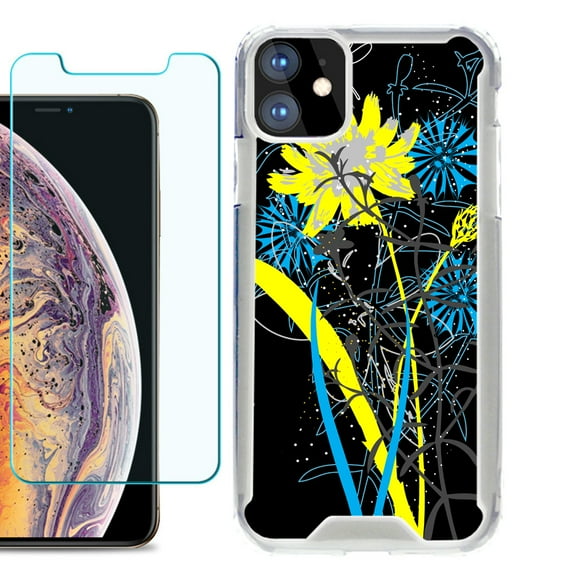For Apple iPhone 11 Case, Hybrid Bumper Phone Case, with Tempered Glass Screen Protector, by OneToughShield ® - Wild Flowers