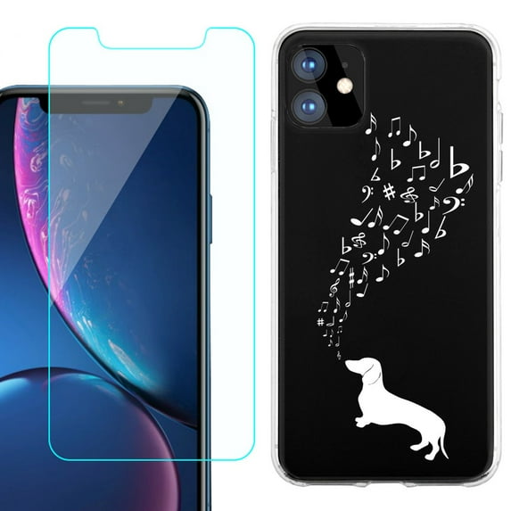 For Apple iPhone 11 Case , Slim-Fit TPU Protective Phone Case with Tempered Glass Screen Protector, by OneToughShield ® - Dachshund/Puppy Music
