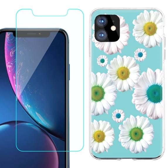 For Apple iPhone 11 Case , Slim-Fit TPU Protective Phone Case with Tempered Glass Screen Protector, by OneToughShield ® - Daisy/Teal