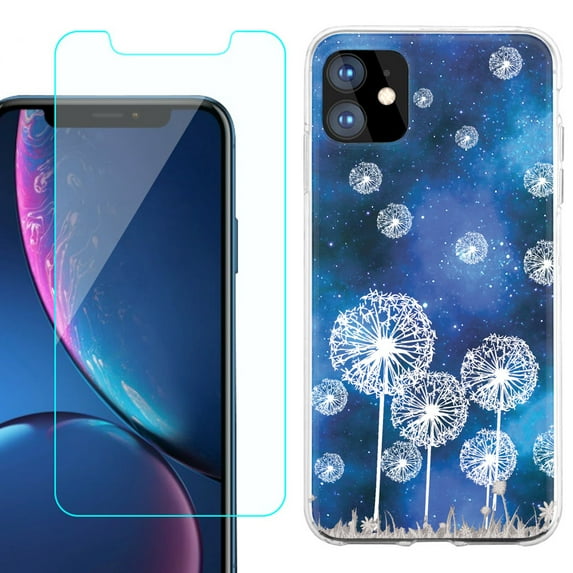 For Apple iPhone 11 Case , Slim-Fit TPU Protective Phone Case with Tempered Glass Screen Protector, by OneToughShield ® - Dandelion Stars