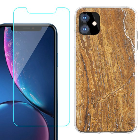 For Apple iPhone 11 Case , Slim-Fit TPU Protective Phone Case with Tempered Glass Screen Protector, by OneToughShield - Marble / Earth