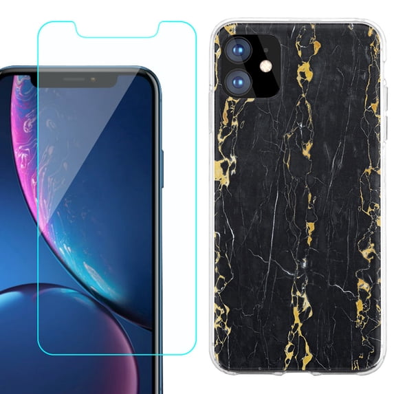 For Apple iPhone 11 Case , Slim-Fit TPU Protective Phone Case with Tempered Glass Screen Protector, by OneToughShield ® - Marble / Gold/Black
