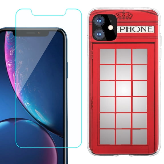 For Apple iPhone 11 Case , Slim-Fit TPU Protective Phone Case with Tempered Glass Screen Protector, by OneToughShield - Phone Booth Red