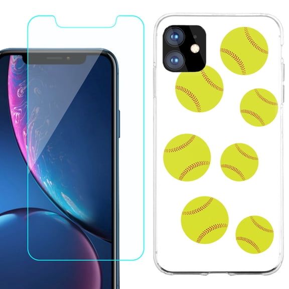 For Apple iPhone 11 Case , Slim-Fit TPU Protective Phone Case with Tempered Glass Screen Protector, by OneToughShield ® - Softball Seven